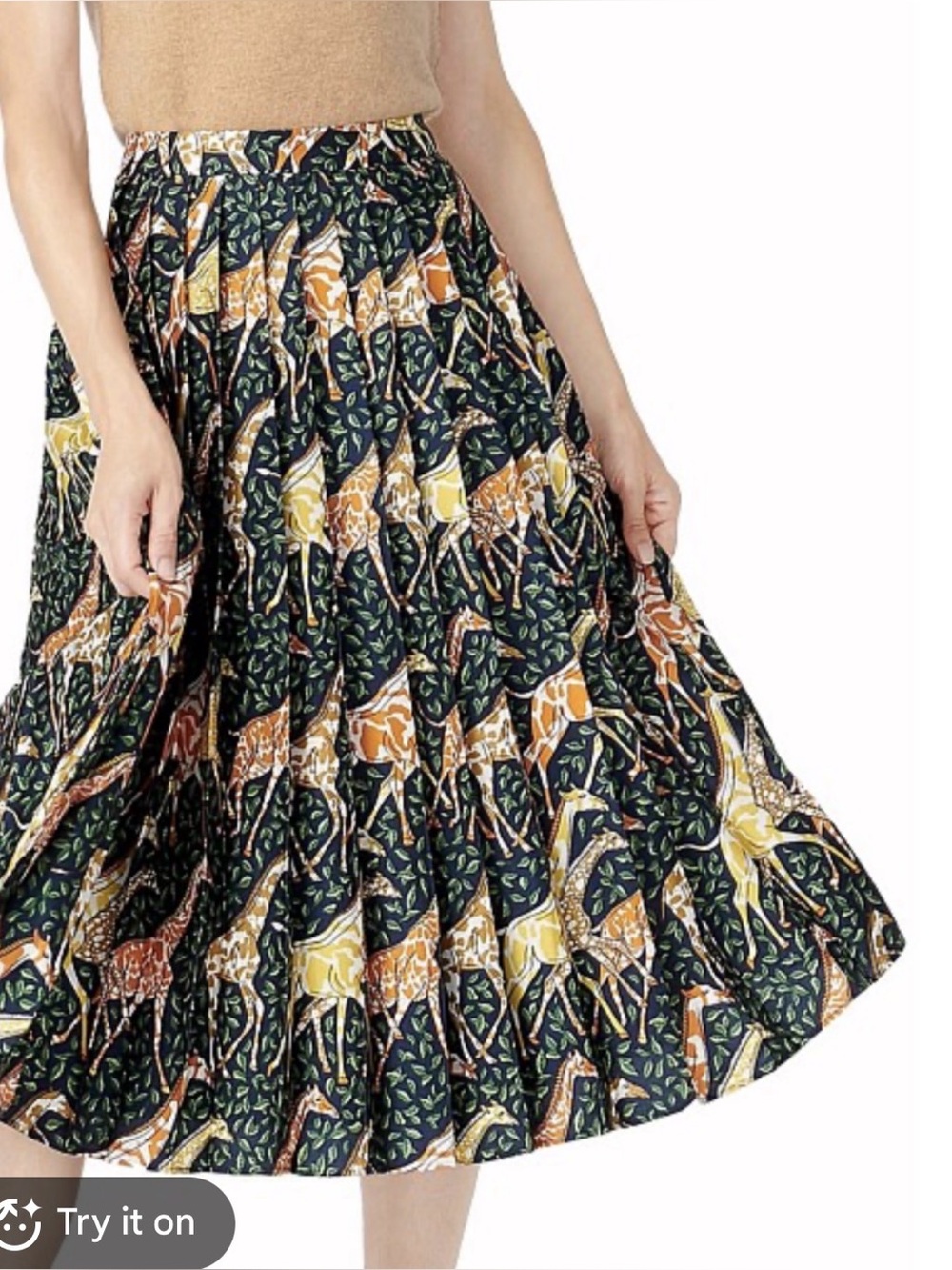 J. Crew Pleated Giraffe Skirt green orange animal print fall midi size 6 preppy